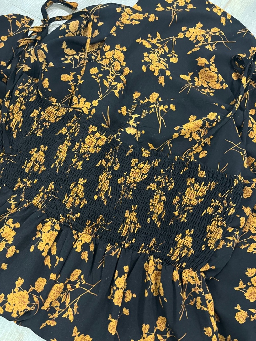 Dress 👗 plus size xxl Floral Tie-Shoulder Midi Dress in Black and Mustard - Picture 9 of 12